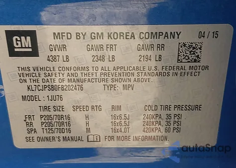 2015 Chevrolet Trax 1Ls из США, поврежденный, VIN KL7CJPSB0FB202476